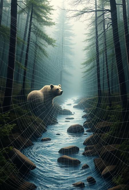 "Create a photorealistic image of a painting made entirely from spider web, depicting a serene forest scene. The web should be intricately woven to create a flowing creek, with delicate threads forming the gentle ripples of the water. The surrounding forest should be rendered in exquisite detail, with web threads forming the trunks and branches of the trees. A majestic bear should be visible in the distance, its fur and features created from the subtle texture and pattern of the web. The overall effect should be one of breathtaking, ethereal beauty, as if the spider web has come to life to create a peaceful, idyllic scene. The image should be rendered in high detail, with visible texture and shading that adds to the sense of realism." Highest-Quality, 4k, intricate details, visually stunning, Masterpiece