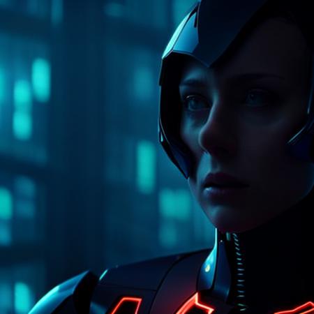 (35mmstyle:1) artstyle portrait Film still of a futuristic humanoid robot in a futuristic city in the year 2080, future, Dystopia, dark, desaturated