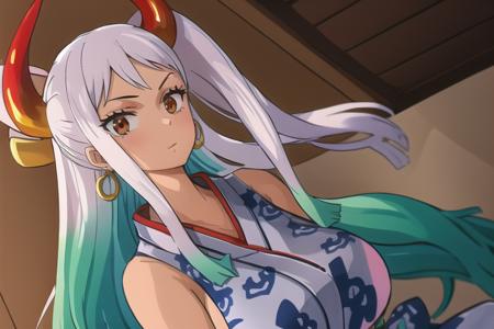 yamatowanpi,(best quality:1.0),(highly detailed:1.0),(1girl:1.3),sfw,28years old,shiny skin, shiny hair, tall female,  huge breasts,yamato \(one piece\),sideboob, multicolored hair,
kimono,pov,