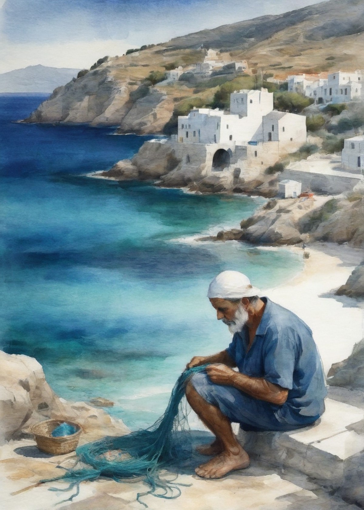 A Greek fisherman mending his nets by the azure waters of the Mediterranean Sea