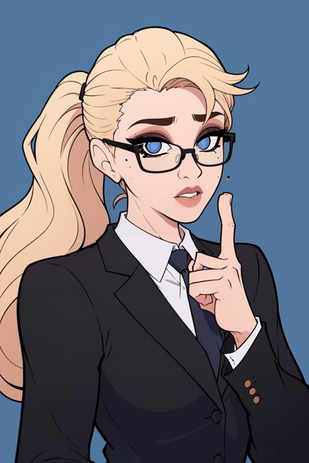 (masterpiece, best quality:1.2), <lora:tobinge:.9>, tobinge, 1girl, solo, mole under mouth, blonde hair, necktie, ponytail, formal, suit, mole, blue eyes, shirt, glasses, collared shirt, long hair, white shirt, black necktie, nose, lips, parted lips, jacket, bespectacled, character name, black jacket, black-framed eyewear, adjusting necktie, high ponytail, blue background, long sleeves