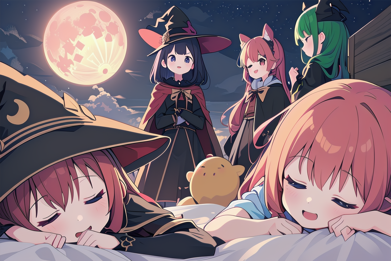 (6+girls:1.3), sleepeace,   <lora:SleePeace2:0.6>, witch, smile, witch_hat, black_cape, bed,  upper_body, red_moon, big_mo...