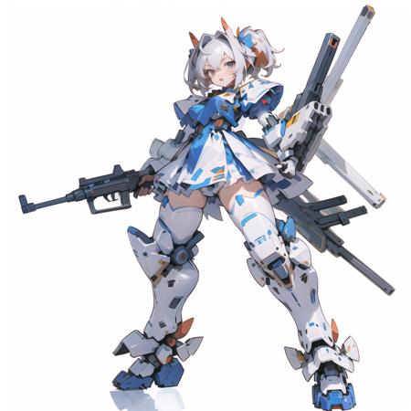 solo,standing,1 girl,robot,mecha,science fiction,weapon,gun,white background,holding,holding weapon,mechagirl girl,<lora:mechagirl_v1a:1> ,  <lora:daiwa_scarlet_loha-000006:0.6>