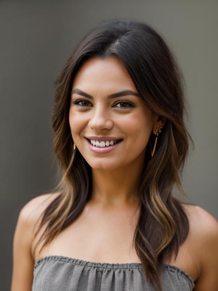 Realistic photo of a beautiful m1l4k-v2 woman,   1girl, solo, long hair, looking at viewer, smile, simple background, black hair, brown eyes, jewelry, braid, earrings, teeth, grey background, grin, lips, portrait, realistic, soft lighting, professional Photography, Photorealistic, detailed, RAW, analog, sharp focus, 8k, HD, DSLR, high quality, Fujifilm XT3, film grain, masterpiece<lora:m1l4k-v2:1.0>