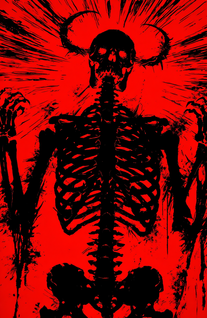 A human skeleton with prominent curved horns on its head and clawed hands rendered in stark black silhouette against an intense red background. Dramatic radiating lines burst outward from behind the skull like explosive energy, creating a sunburst effect at the top of the frame. The skeleton features rough, sketchy linework giving it a hand-drawn aesthetic. 