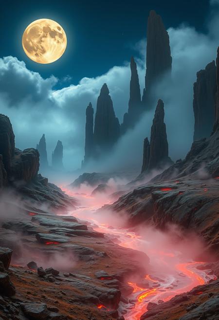 Imagine a dreamscape where natural beauty and surreal elements blend seamlessly. Boiling rivers carve their way through a rugged landscape, their surfaces shimmering with heat. The fog, thick and heavy, rises from the earth and merges with the low-hanging clouds, creating a mysterious, almost mystical atmosphere.
Towering rock spires, weathered by time, stretch towards the sky, their jagged forms seemingly supporting a glowing, full moon. These ancient pillars, rooted deeply in the earth, give the scene a sense of timelessness and natural grandeur. The colors are rich yet grounded, with the deep blues of the night sky contrasting against the warm, earthy tones of the landscape.
Every detail is meticulously rendered, from the delicate patterns of steam rising from the rivers to the rough textures of the spires. The overall effect is one of surreal realism, where the natural world is imbued with a dreamlike quality, blending the boundaries between what is real and what is imagined.