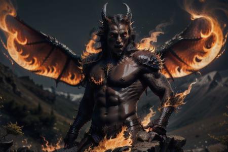 Black dragon with fiery breath, hyper realistic, 4 wings, scarlet eye, stand atop of mountains, forest around the mountains, thorny skins, full moon background, detailed, 4K, UHD, angry dragon, magical, RAW, dynamic poses