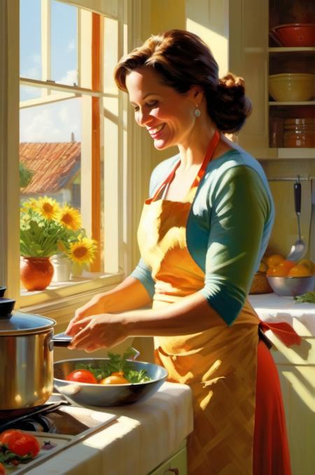 , <lora:Craig Mullins Style:1> Craig Mullins Style ,, A highly detailed mother in her kitchen preparing meal, window sunny day, happy, smiling,