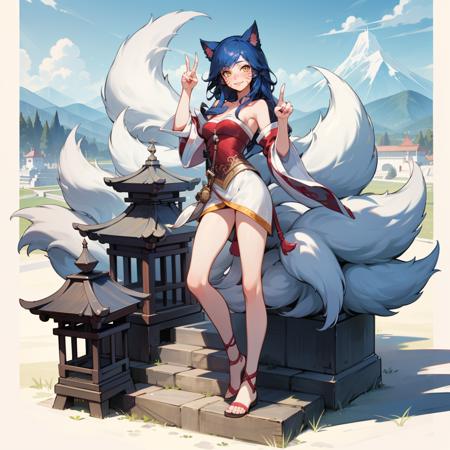 ahridef,ahri,1girl, facial mark, multiple tails, detached sleeves, yellow eyes,blue hair,