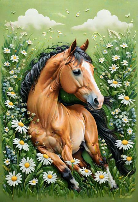 IA baby horse sleeping in the grass, surrounded by wildflowers and daisies, painted in the style of soft pastels on green paper. The artwork is made of fabric, featuring handdrawn details. It has an illustrative style and captures the serene beauty of nature.jojustl