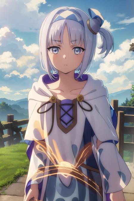 synelokk, <lora:syne lokk s3-lora-nochekaiser:1>,
syne lokk, short hair, bangs, hair ornament, white hair, hairband, side ponytail, (grey eyes:1.3),
BREAK collarbone, hood, cloak,
BREAK outdoors, forest, nature, sky, sun, clouds, trees, grass,
BREAK looking at viewer, (cowboy shot:1.5),
BREAK <lyco:GoodHands-beta2:1>, (masterpiece:1.2), best quality, high resolution, unity 8k wallpaper, (illustration:0.8), (beautiful detailed eyes:1.6), extremely detailed face, perfect lighting, extremely detailed CG, (perfect hands, perfect anatomy),