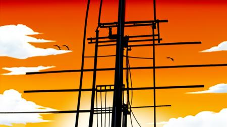 masterpiece,best quality,monogatari_style, power line,wire, sky, cloud, bird, flying, sunset, silhouette,<lora:MonogatariStyleV2:0.8>