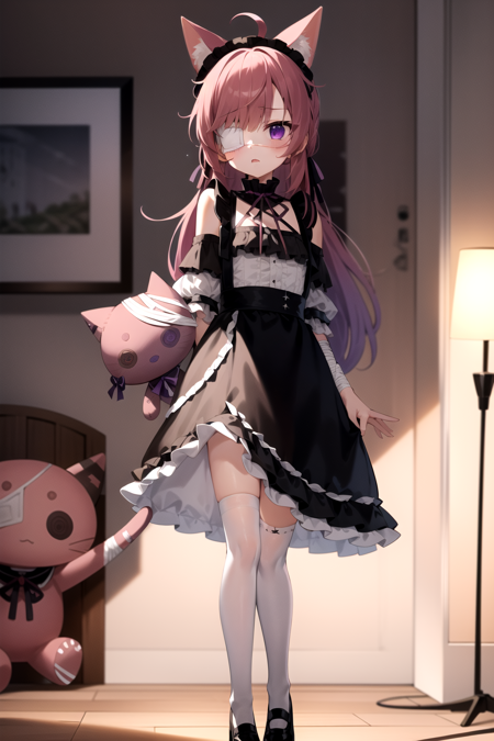 2d, masterpiece, best quality, highly detailed face, highly detailed eyes, highly detailed background, perfect lighting, full body, 1girl, solo, mikeneko, cat tail, black dress, eyepatch, purple eyes, bandaged arm, ribbon, white thighhighs, standing, sad, bedroom, holding, stuffed animal <lora:mikeneko-20:1>