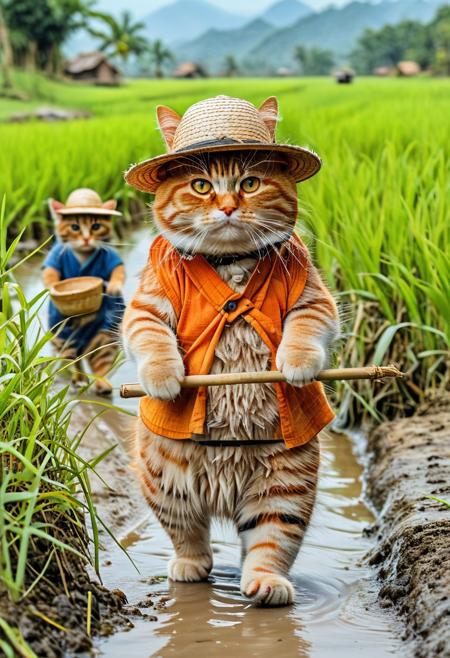 fluffy orange tabby fat cat wearing straw hat, asian farmer hat, walking guiding kittens wearing asian clothes, rice paddy, paddy, rice field in the background, morning, grass land background, there is a tree far in the background, river in side, asian farmer cat, cat and kittens standing and walking like human and children, cat work harvesting rice, cat holding, farmer tools