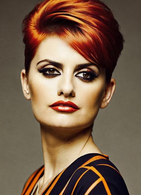 analog style, modelshoot style, portrait of sks woman by Flora Borsi, style by Flora Borsi, bold, bright colours, orange Mohawk haircut, ((Flora Borsi)), <lora:locon_penelope_v1_from_v1_64_32:1.3>