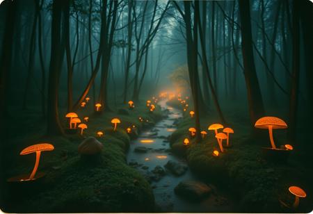 Vintage Polaroid-style snapshot, magical forest at twilight, bio-luminescent stream winds through the trees, glowing mushrooms and flora, soft mist, warm orange light, long exposure creates a dreamy blur, dark backdrop, gentle focus, warm tones, intricate details, skin texture, hyper detailed, 8K.