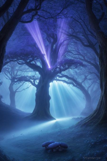 misty enchanted forest, glowing mushrooms scattered on the forest floor, ancient trees with twisting branches, soft blue and purple lighting, gentle fog rays through trees, fantasy magical vibe, high detail forest floor