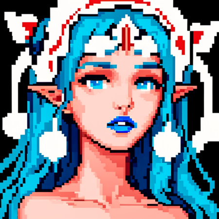 <lora:pixelart-08:0.9>pixelart,1girl, solo, long hair, blue eyes, simple background, blue hair, collarbone, parted lips, pointy ears, black background, portrait, blue lips