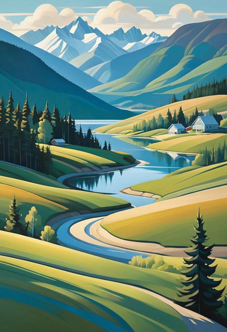 A crisp, stylized Canadian landscape composed with clean lines and softly contoured shapes. Rolling hills, wind-sculpted trees, and small rural towns are depicted under expansive skies with a sense of serene clarity. The color palette is harmonious and cool—soft blues, gentle greens, muted ochres—enhancing the tranquil atmosphere. Shadows are simplified into graphic forms, and natural features are abstracted just enough to balance realism with design. The overall mood is contemplative and orderly, reflecting a deep appreciation for the quiet majesty of the Canadian wilderness.