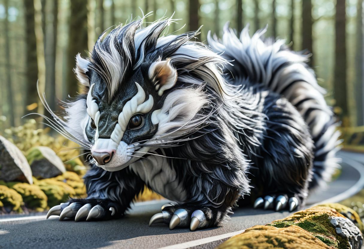 a shot of a fmb silver and black furry monster skunk, hyper detailed, 16K, HDR, upscaled, fmb, paperback book cover, road, woodland background