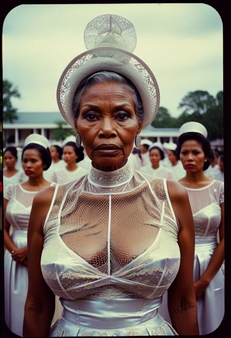 ()Hyoer Realistic:2.0)Polaroid picture of 
a hyper realistic Movie Still of (80 years old ((busty:1.3)) (((Cambodian))) women) 
  a Mississippi Baptist church parking lot  where a group of stunning, elderly black women, resplendent in their finest Sunday attire ( tiny microskirt that barely covers her ass:1.3) with white high heels, (struggling to walk:1.90)  around a circle of new recruits. The women's faces exude warmth, wisdom, and a hint of mystique, as they gaze intensely at the newcomers.
With gentle, soothing voices, they begin to speak in unison, their words weaving a hypnotic spell that draws the recruits in.
The recruits' faces slacken, their eyes glazing over as they succumb to the sisters' mesmerizing power. The women's message is clear: join their sisterhood, and you shall be empowered to raise your family without the need for a man. Capture the surreal, captivating atmosphere of this scene, where the boundaries between faith, sisterhood, and mind control blur.
BREAK (wearing ((semi-transparent)) very high platforms::0.9) ((Woman Fully Visible Full Body Photo)) Film Still:1.50), a hyper realistic Movie Still of elderly (80 years old ((busty)) black women)