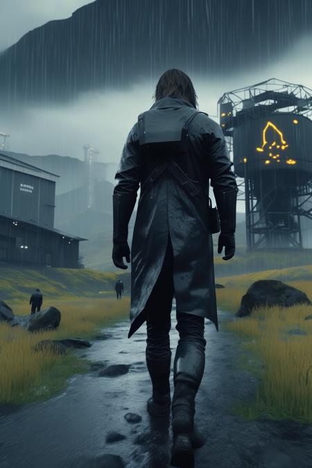 <lora:Death Stranding:1>Death Stranding - death stranding Norman Reedus walking to camera big factory facility on a rainy mountain landscape and a black ghost siluete in background Ayami kojima style cinematic photographic quality ultra hd