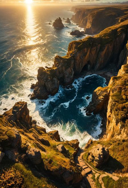 high-altitude drone view over a sprawling coastal cliff formation with jagged edges and archways carved by centuries of sea spray, waves crashing far below, winding stone paths etched into the cliffside connecting ancient lookout towers, distant flocks of birds ride the wind, the sun low and golden over the horizon casting long shadows across the grass-covered plateaus above fantasy cliff coast, high altitude, carved sea arches, ancient towers, golden hour, epic scale, sweeping drone view, fantasy aerial, dramatic cliffside, coastal path photorealistic, ultra wide 16mm lens, golden hour lighting, cinematic shadows, high contrast HDR, vivid ocean and rock texture, sharp terrain detail, elevated dynamic range raz'sscenesmith-mk.1
