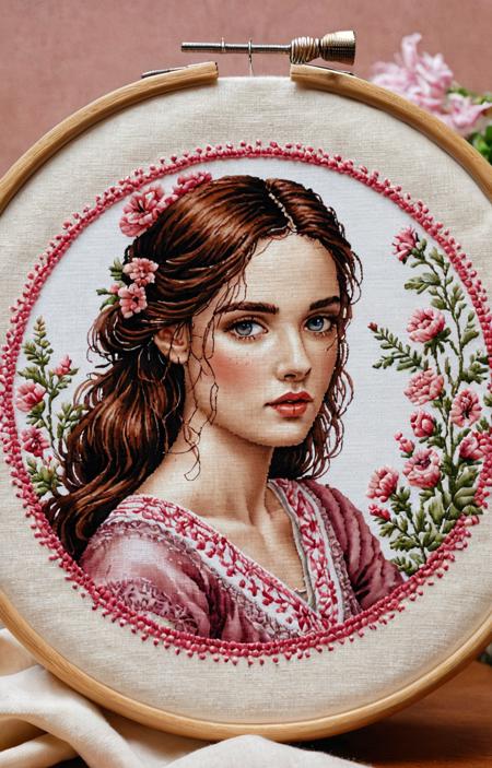 realistic, best quality, high res, highly detailed, artwork of embroidered woman portrait, round frame
(We see a hand cross stitch work a 2d artwork on parchment on a desk:1.95), embroidered pixel,  mauve, pink, soft pastel watercolor, frame in fine cotton fabric, highly detailed, gorgeous, matte fabric, low key lighting, cinematic lighting
