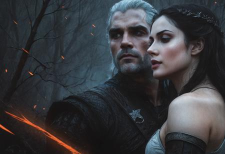 Charcoal drawing, black pencil drawing, pencil drawing, line drawing, graphite drawing, toned paper, masterpiece, colored pencil drawing, male lead reminiscent of Henry Cavill as Geralt of Rivia, and female lead, share a tender moment in a thick, mystical forest, their lips barely touching in an intimate kiss, surrounded by an ethereal light, digital painting in the style of a powerful romantic fantasy epic reminiscent of urban fantasy novels, reminiscent of the works of Marie Angel, Nina Tryggvadottir and Anna Katarina. Block, digital rendering, ultra-soft natural volumetric cinematic perfect light inspired by Gabriele Dell'Otto and Bob Peake, vibrant rich colors, HDR quality looks like a cinematic masterpiece