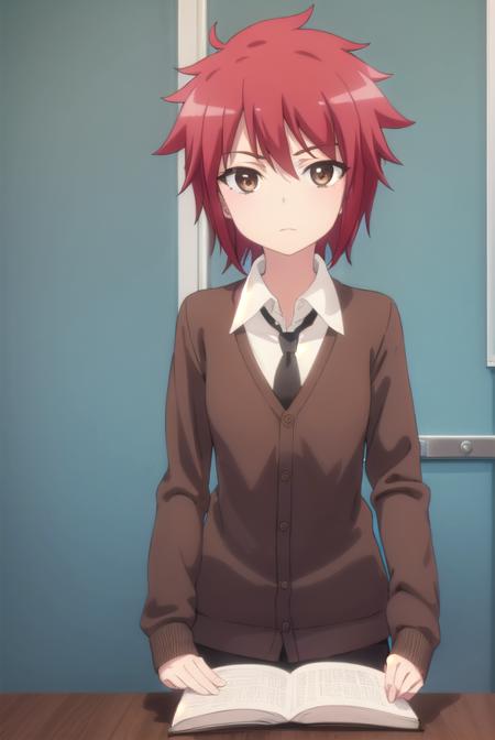 aoiyusa, <lora:aoi yusa s2-lora-nochekaiser:1>,
aoi yusa, short hair, (brown eyes:1.3), red hair,
BREAK school uniform, necktie, shirt, white shirt, collared shirt, cardigan, brown cardigan,
BREAK indoors, classroom,
BREAK looking at viewer, (cowboy shot:1.5),
BREAK <lyco:GoodHands-beta2:1>, (masterpiece:1.2), best quality, high resolution, unity 8k wallpaper, (illustration:0.8), (beautiful detailed eyes:1.6), extremely detailed face, perfect lighting, extremely detailed CG, (perfect hands, perfect anatomy),