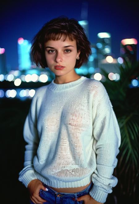Dani3ll4Rush, Daniella Rush, <lora:Dani3ll4Rush-sdxl:1>, 1girl, sweater, solo, short hair, realistic, looking at viewer, bokeh, focus, film, velvia, artistic, best quality, photograph,  city skyline, nighttime, bokeh, miami, detailed, tropical, vice, 1988