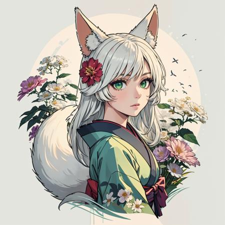 1girl, solo, detailed face, detailed eyes, green eyes, white hair, long hair, fox ears, fox tail, kimono, (abstract), (flowers), (flower), leaves, (sfw), <lora:Ink scenery:0.8>