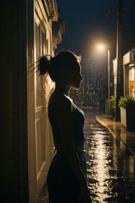 In the midst of the rain-slicked sidewalk, she walks with purpose, each step leaving a soft ripple in the puddles below. The gentle patter of raindrops adds to the rhythm of her journey, soaking her attire and hair with a glistening sheen. As cars pass by, their headlights cut through the darkness, casting a halo of light around her figure, momentarily illuminating the surrounding streetscape. Meanwhile, the neon signs lining the storefronts pulse with vibrant colors, casting an ethereal glow on her face, painting her features with hues of electric blue, vivid pink, and neon green. Amidst this urban symphony, a streetlight casts a Rembrandt light on her face, adding a touch of dramatic contrast and depth to her expression. Subtle rim lights contour her silhouette, adding further dimension to her presence, while a soft hair light delicately accentuates the strands of her wet hair, completing the surreal and captivating scene.
