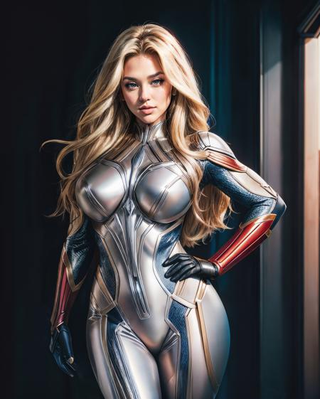 closeup headshot, RAW photo of a gorgeous woman as a superhero, blkblsm with long  flowing blonde hair, (wearing full body superhero suit:1.2), (marvel themed), 70mm professional photography, full detail, detailed face, 8k uhd, dslr, soft lighting, high quality, film grain, Fujifilm XT3