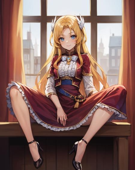 best quality, (masterpiece:1.2), illustration, absurdres,
(1girl, solo), (beautiful detailed girl), cowboy shot,,
<lora:Alfin-07:0.8>, Alfin Reise Arnor, blonde hair, blue eyes, small breasts, hair ornament, wing ornament,
red dress, ribbon, red high heels, frills,
inside trendy cafe, window, day, godrays, sunlight, buildings,,
smile, looking at viewer, 
((sitting, spread legs,))