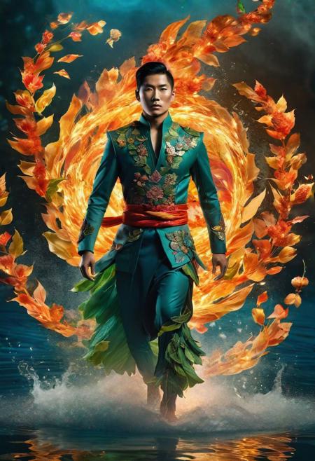 Surreal, future, a strong and handsome Asian man with a glowing body, wearing a costume made of flowers and leaves, with a background of water and fire, magical and complex, a vortex forming under his feet, flying, ethereal elements floating in the air, mysterious,