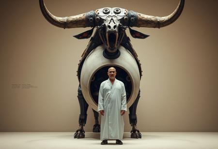 A  surreal, dystopian setting featuring a massive biomechanical creature resembling a bull. The creature has a skeletal head with mechanical eyes and exposed gears, its body is a mix of decayed organic material and industrial machinery, with visible wiring and components inside a hollow, egg-like torso. In front of the creature stands a bald man wearing a long, white, ceremonial robe and dark glasses, creating a sense of scale. The environment is minimalistic, with muted beige tones and a simple background, evoking a museum or sterile exhibit space. The lighting is soft and diffused, emphasizing the creature’s intricate details and the contrast between man and machine.