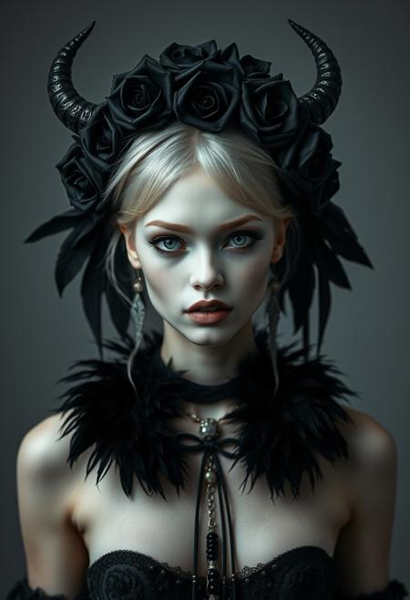 Medium shot, Symmetrical front view of a beautiful dark princess, albino hair,  japanese face, pale sking, pale lips, vampire fangs, black roses abd horns headpiece, black feathers collar, standing pose, in the style of infernal fasion, otherworldly beauty, infernalpunk, queencore, ornamented age aesthetics, coal and black, photography studio style