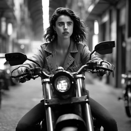 <lora:margaret_qualley_xl_lora_10:1>  margaret qualley woman masterpiece, concept art, highly detailed, (black and white), mid shot, centered, dynamic angle, woman on motor bike, cyberpunk theme, stylish, stylish hair, Cafe background, Volumetric lighting, depth of field, focused shot, (epic composition, epic proportion), Award winning, HD