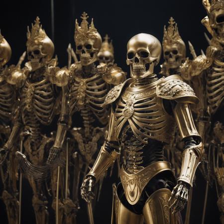 skeleton king in golden armor with skeleton army behind him, full color, cinematic light, dynamic composition, dramatic atmosphere, elegant, highly detailed, extremely scientific, sharp focus, inspired, colorful, artistic, fine detail, epic, stunning, perfect, surreal, beautiful, intricate, amazing, symmetry, illuminated background, professional, winning, best, pure, ambient, creative 8k uhd, dslr, soft lighting, high quality