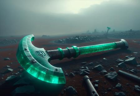 emeraldmorph huge battle axe lying on the ground in a desolate wasteland, battlefield, fog, cinematic lighting