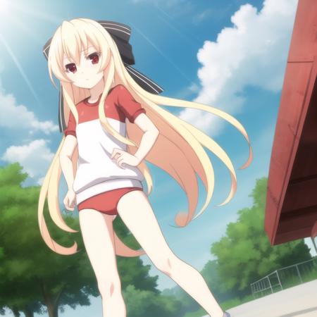 mondaiji-leticia, gym clothes, bow, blonde hair, long hair, hair between eyes, red eyes, full body, solo, 1girl, outdoors <lora:mondaiji-leticia:0.6>