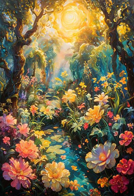 psychadelic,  An opulent impressionistically painted garden, where luminous, baroque-style figures interact, their soft skin tones and elegant gestures contrasting with the vivid landscape.
, blending realism with soft, dreamlike textures, atmospheric surrealism, luminous and ethereal landscapes, rich color gradients, impressionistic yet detailed brushwork, dreamlike lighting, misty and soft-edged forms, dynamic yet tranquil compositions, glowing highlights, painterly textures, fusion of realism and fantasy, fluid movement in water and sky, vast and immersive scenes, poetic and emotional depth, harmonious contrast between light and shadow