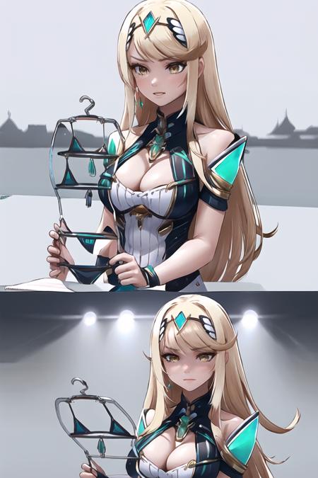 Highly detailed, High Quality, Masterpiece, beautiful, 1girl, solo, GirlsReactingToBikinisMeme, <lora:GirlsReactingToBikinisMeme:1>, Mythra \(xenoblade\), Mythra:1.2, blonde hair, yellow eyes, long hair, <lora:Char_Xenoblade_PyraMythraPneuma:0.5>, disgust, shaded face,