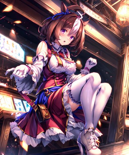 <lora:meisho_doto_lora:0.6> meisho doto \(umamusume\), white shirt, collared shirt, white gloves, shoulder bag, strap between breasts, blue skirt, long sleeves, white thighhighs, high heels, handbag, white footwear, center frills, sleeves past wrists
<lora:ryosiosV1-04:0.7> ryosios