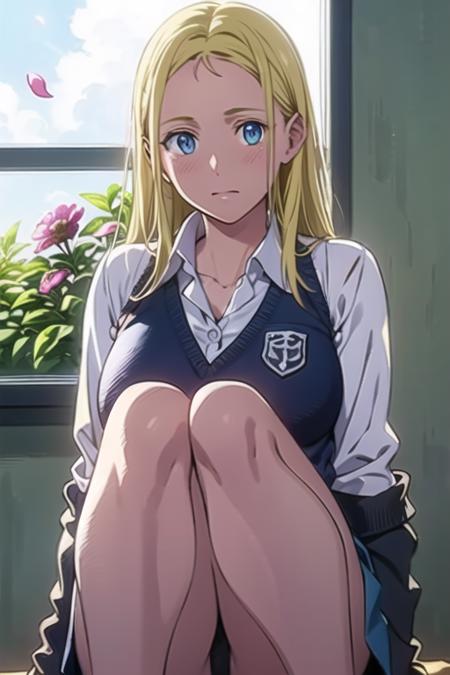 (full body), blonde hair, blue eyes, (school uniform:1.5), ultra realistic details, (8k, RAW photo, best quality, masterpiece:1.2), (finely detailed beautiful eyes: 1.2), ((1girl)), ((solo)), large breasts, (finely detailed eyes and detailed face:1.3), (beautiful and clear background:1.2), (extremely detailed CG, ultra-detailed, best shadow:1.1), ((depth of field)), (watercolor), , bare shoulders, flowers and petals, beautiful concept illustration, (white background:0.5), (illustration:1.1), (extremely fine and beautiful:1.1), (perfect details:1.1),  <lora:ushio_V1:0.65>