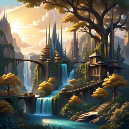 (Surreal fusion:1.1), (nature and technology:1.1), (organic forms:1.1), (architectural elements:1.1), (waterfall:1.1), (branches of a sprawling tree:1.1), (spires of a modern tower:1.1), (juxatposition:1.1), (industrialization and environmental harmony:1.1), (striking composition:1.1), (small details:1.1), (depth and warmth:1.1), (artwork:1.1), (soft, golden light:1.1), (high-resolution digital image:1.1), (clear outlines:1.1), (emphasizes form:1.1), (soft or hard light:1.1), (evokes mood:1.1)