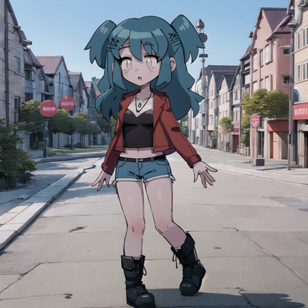 lacy drawing of a cartoon female with blue and hair, short blue shorts, and black and red top, 1girl, solo, red jacket, jacket, boots, two side up, hair ornament, shorts, open mouth, oudoors, city background,