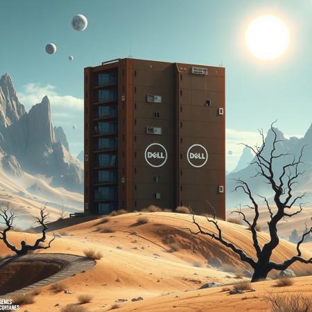 digital artwork featuring a futuristic landscape with a gigantic rusted steel apartment block, resembling a computer server in the foreground. The building, marked with a Dell logo in white, stands on a hill in a barren, undulating terrain. Old windows and balconies are visible on the building. The sky has celestial bodies, orbiting around a bright, glowing sun that casts an ethereal light across the scene. The background showcases jagged, rocky mountains and twisted, leafless trees, adding to the otherworldly atmosphere. .