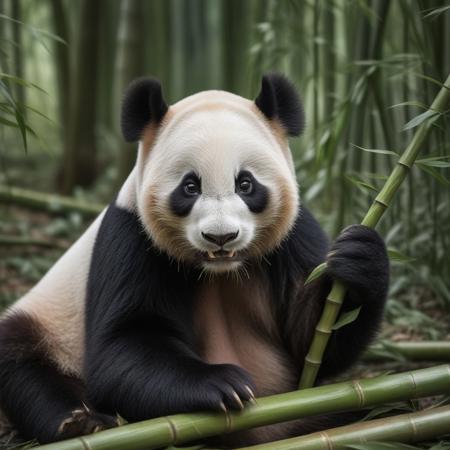 panda feeding on bamboo in the bamboo forest, very realistic photography